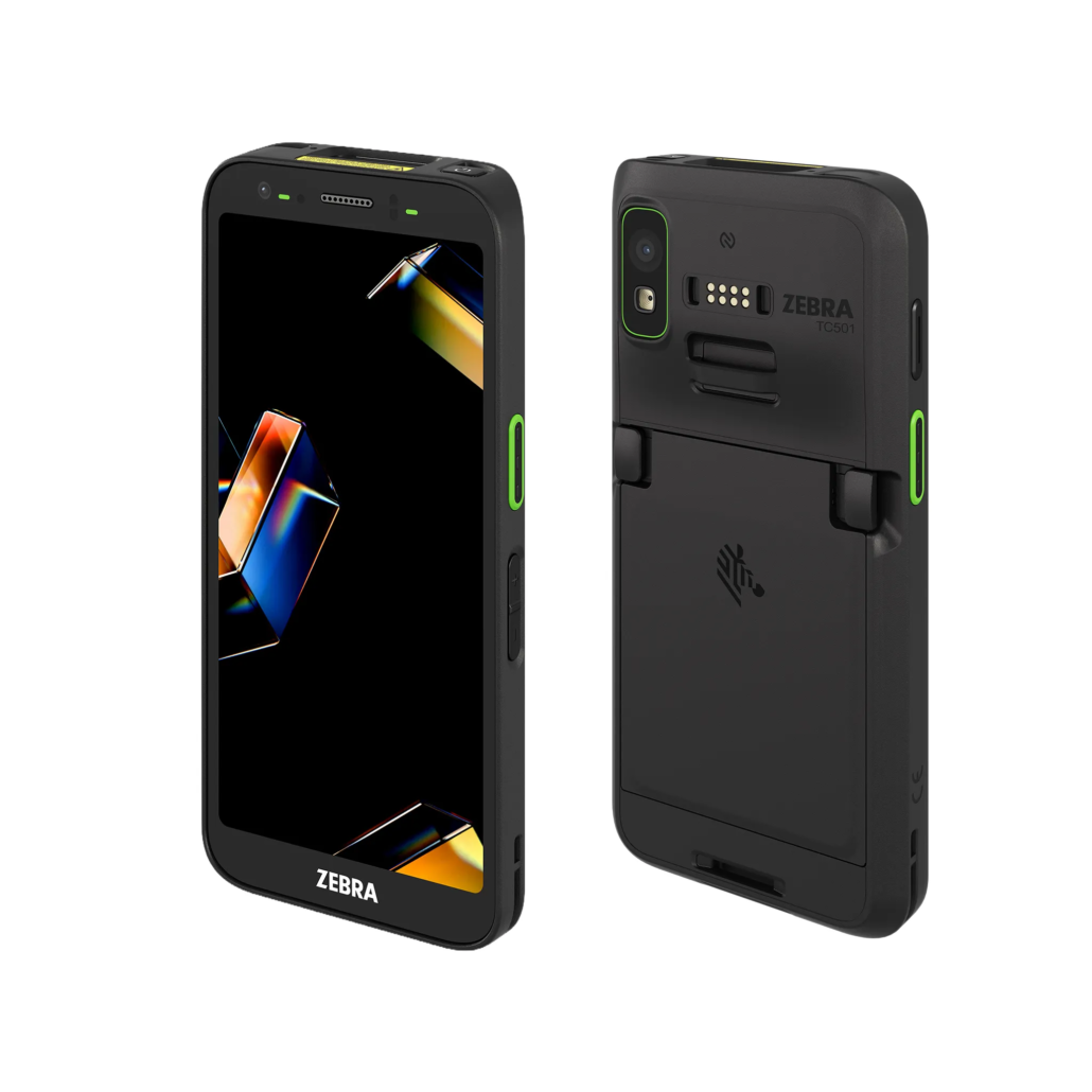Zebra TC501 TC701 Ultra-Robuste Mobilcomputer – Vorder- und Rückansicht Vorder- und Rückansicht der Zebra TC501 und TC701 Ultra-Robusten Mobilcomputer mit Touchdisplay, Kamera und integriertem Barcode-Scanner für Industrie, Logistik und Einzelhandel.