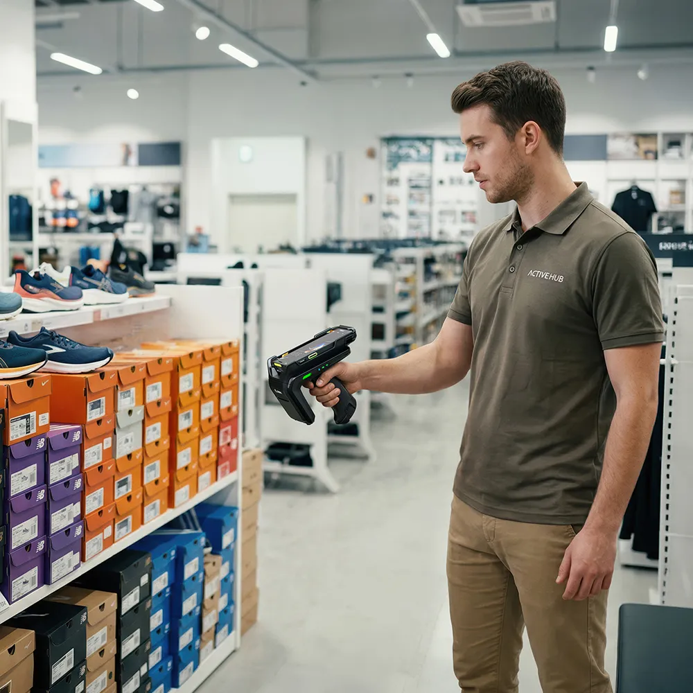 Der Zebra TC501 ermöglicht die schnelle RFID-gestützte Artikelsuche im Schuhhandel. Optimieren Sie Bestandsmanagement, Warenverfügbarkeit und Kundenzufriedenheit direkt auf der Verkaufsfläche. Verkäufer*in nutzt den Zebra TC501 mit RFID-Technologie zur schnellen Artikelsuche in einem Schuhgeschäft.