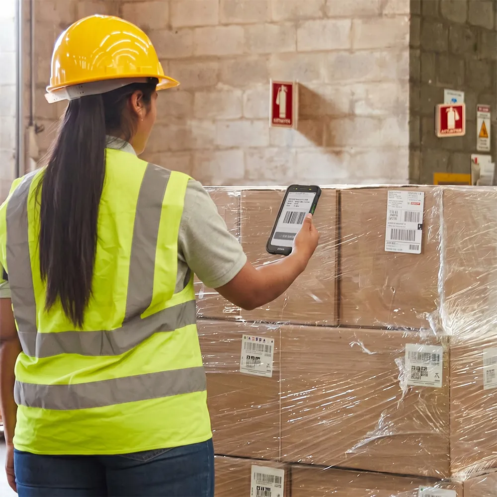 Lagermitarbeiterin scannt Barcodes mit dem Zebra TC701 | Effiziente Datenerfassung Lagermitarbeiterin scannt mit dem Zebra TC701 einen Barcode auf einem Kartonregal im Lager.