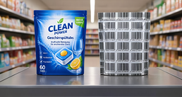 Vergleich zwischen sichtbarer Produktverpackung für den Kunden und der vom Scanner erkennbaren Digimarc-Technologie, die über die gesamte Verpackung verteilt ist.