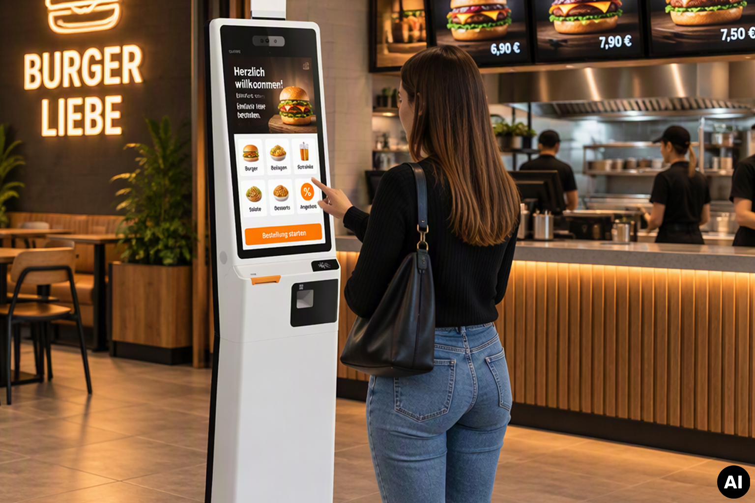 SUNMI K2 Self-Checkout-Terminal im Burgerrestaurant Kundin bestellt ein Burgermenü an einem SUNMI K2 Self-Checkout-Terminal in einem modernen Burgerrestaurant.