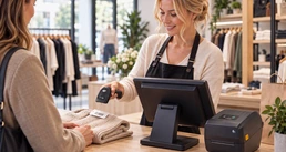 Modernes Kassensystem mit Barcode-Scanner, Touchscreen-Kasse und Etikettendrucker im Einzelhandel