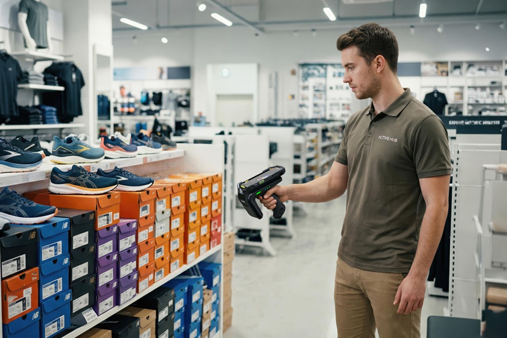 Zebra TC501 im Schuhgeschäft zur mobilen Bestands- und Datenerfassung Mitarbeiter erfasst mit einem Zebra TC501 Mobile Computer Produkt- und Lagerdaten in einem Schuhgeschäft für eine effiziente Bestandsverwaltung.