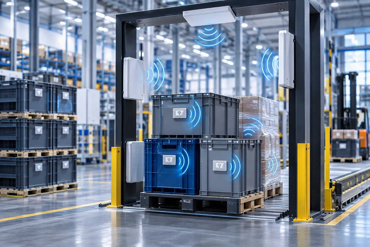 RFID-Behälterverfolgung in Logistik und Industrie RFID-Gate in einem modernen Logistikzentrum erfasst automatisch Paletten, Transportkisten und Mehrwegbehälter mit RFID-Tags für die Echtzeitverfolgung entlang der Lieferkette.