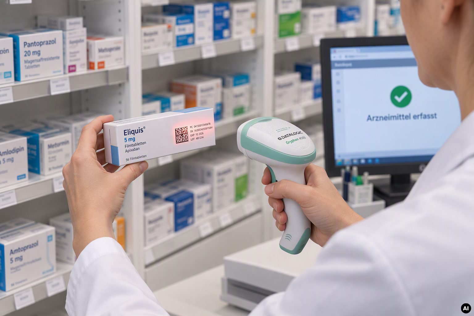 RFID-Technologie zur Bekämpfung von Produktfälschungen bei Arzneimitteln Mitarbeiter scannt eine Medikamentenverpackung in einer Apotheke zur Produktauthentifizierung und Rückverfolgbarkeit im Rahmen des Produktfälschungsschutzes.