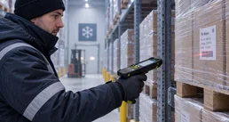 An employee scans frozen goods in the warehouse using a Zebra MC9400 mobile computer.