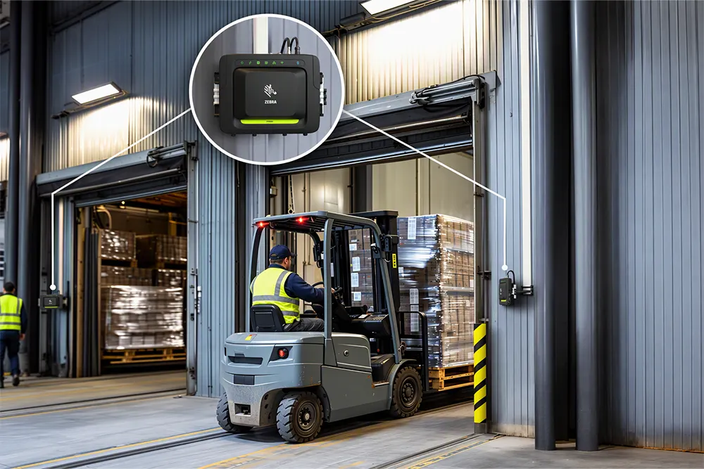zebra-fxr90-rfid-gate-verladetor-lagerlogistik.webp Kopie Zebra FXR90 RFID-Gate überwacht Warenbewegungen an einer Lagerrampe mit Gabelstapler und Paletten